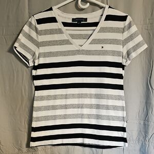 Tommy Hilfiger Blue and Gray Striped V-Neck Tee